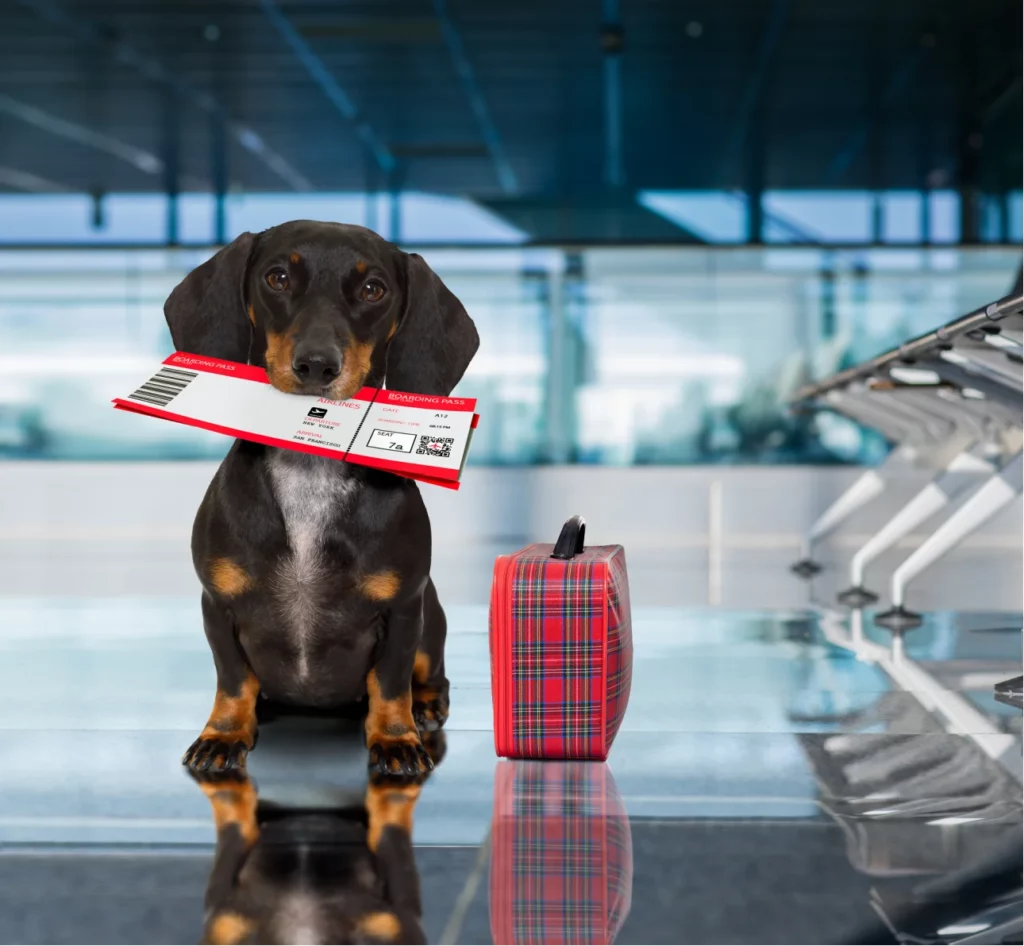 chien à l'aéroport prêt à voyager