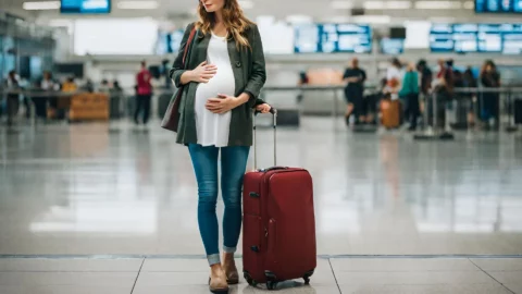 Femme enceinte de 4 mois à l'aéroport.